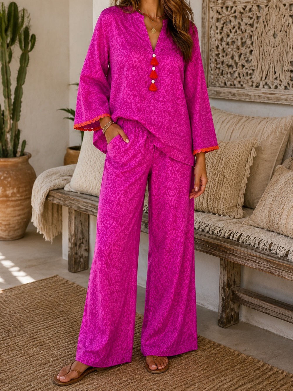 Khaadi Fuchsia Pink 100% Cotton 2 Piece Co-Ord Set Tunic Wide Leg Pants Size M